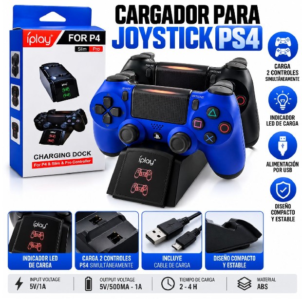 &ua BASE CARGADORA JOYSTICK PS4 DOBLE WIRELESS IPLAY (HBP-119)